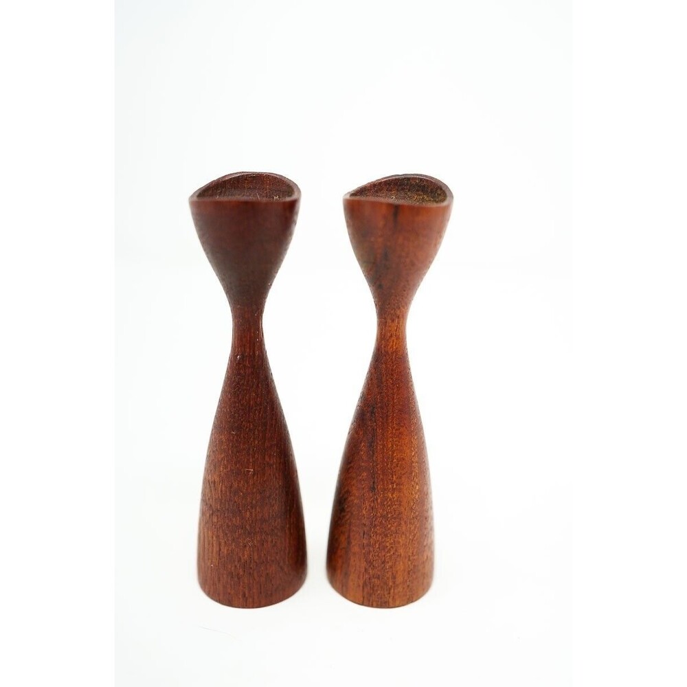 VTG Mid Century 4.5" Tulip Teak Wood Taper Candlesticks‎ Denmark MCM pair